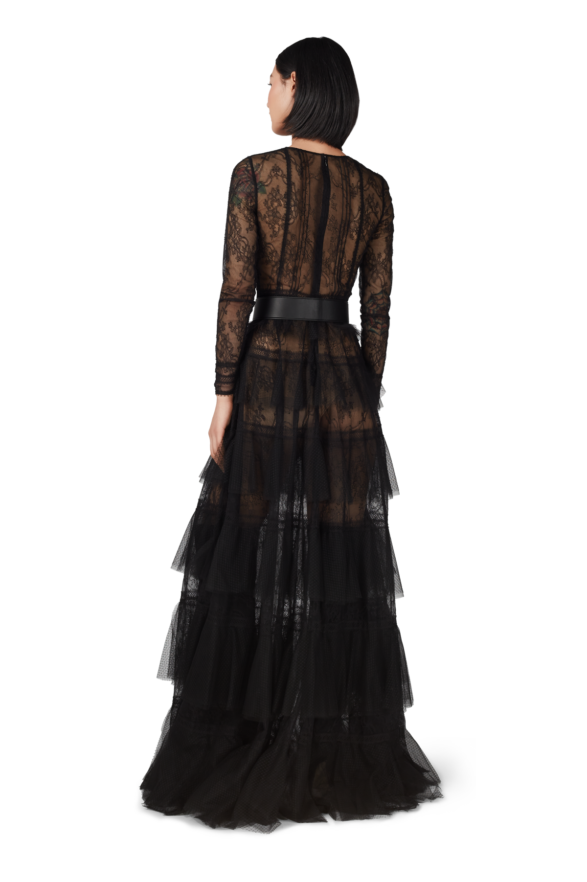 Black Chantilly Lace Pleated Gown